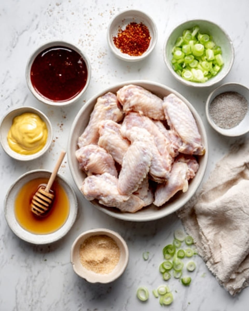 The image shows a white bowl full of raw chicken wings placed in the center on a white marbled surface. Around it, there are several small white bowls arranged in a circle. One bowl contains a dark red sauce, another has light yellow mustard, a third holds crushed red spices, and a fourth bowl is filled with thick honey with a wooden honey dipper resting on it. There is also a bowl with gray rock salt and another with light brown sugar. On the top right, some chopped green onions are seen in a white bowl. A few sliced green onion rings are scattered on the marble surface near the bowls. Photo taken with an iphone --ar 4:5 --v 7