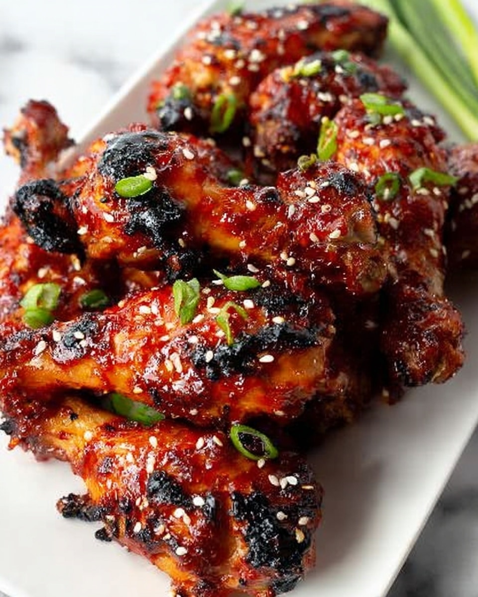 A white rectangular plate holds a pile of grilled chicken drumsticks covered in a shiny, sticky, deep red sauce with some charred spots. The chicken skin looks crisp and caramelized, with small white sesame seeds and chopped green onions sprinkled on top. The plate sits on a white marbled surface with some green onion stalks partially visible to the side. The image shows the texture of the sauce glistening under soft light, capturing the rich colors and slight charring on the chicken. photo taken with an iphone --ar 4:5 --v 7