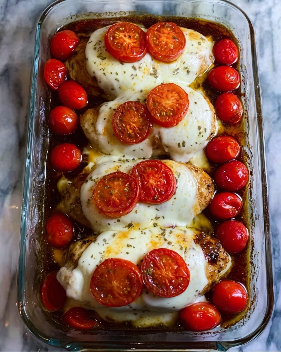 The image shows a clear glass baking dish filled with four baked chicken pieces topped with melted white cheese slices, each piece finished with a round red tomato slice. Around the chicken, there are many small bright red cherry tomatoes roasted evenly. The cheese is smooth and creamy, slightly browned near the edges, while the chicken underneath is a golden brown color. The glass dish sits on a white marbled surface. photo taken with an iphone --ar 4:5 --v 7