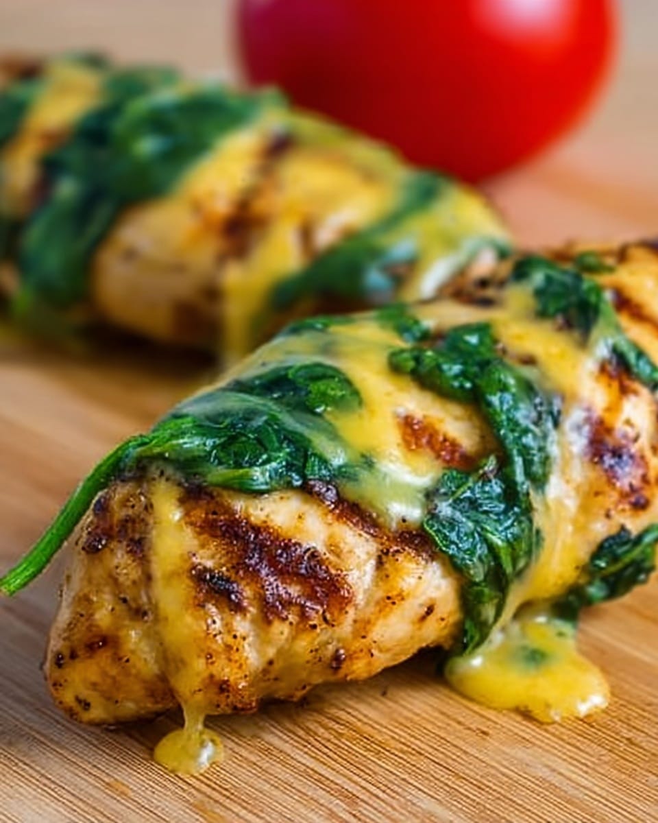 The image shows two cooked chicken pieces topped with melted yellow cheese and fresh green spinach leaves. The chicken has a golden-brown color with grill marks, and the cheese looks soft and smooth as it drapes over the meat. The spinach leaves lie flat on top, adding a bright green layer. The pieces rest on a light wooden surface with a red tomato out of focus in the background. Photo taken with an iphone --ar 4:5 --v 7