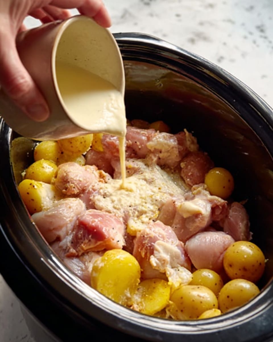 The image shows a close-up of a black slow cooker filled with raw chicken pieces, small whole potatoes, and some sliced yellow vegetables at the bottom. A creamy light sauce is being poured over the chicken and vegetables from a light-colored cup held by a woman’s hand in the top left corner. The ingredients look fresh and are spread evenly inside the cooker, with the sauce starting to cover them. The background has a white marbled texture. Photo taken with an iphone --ar 4:5 --v 7