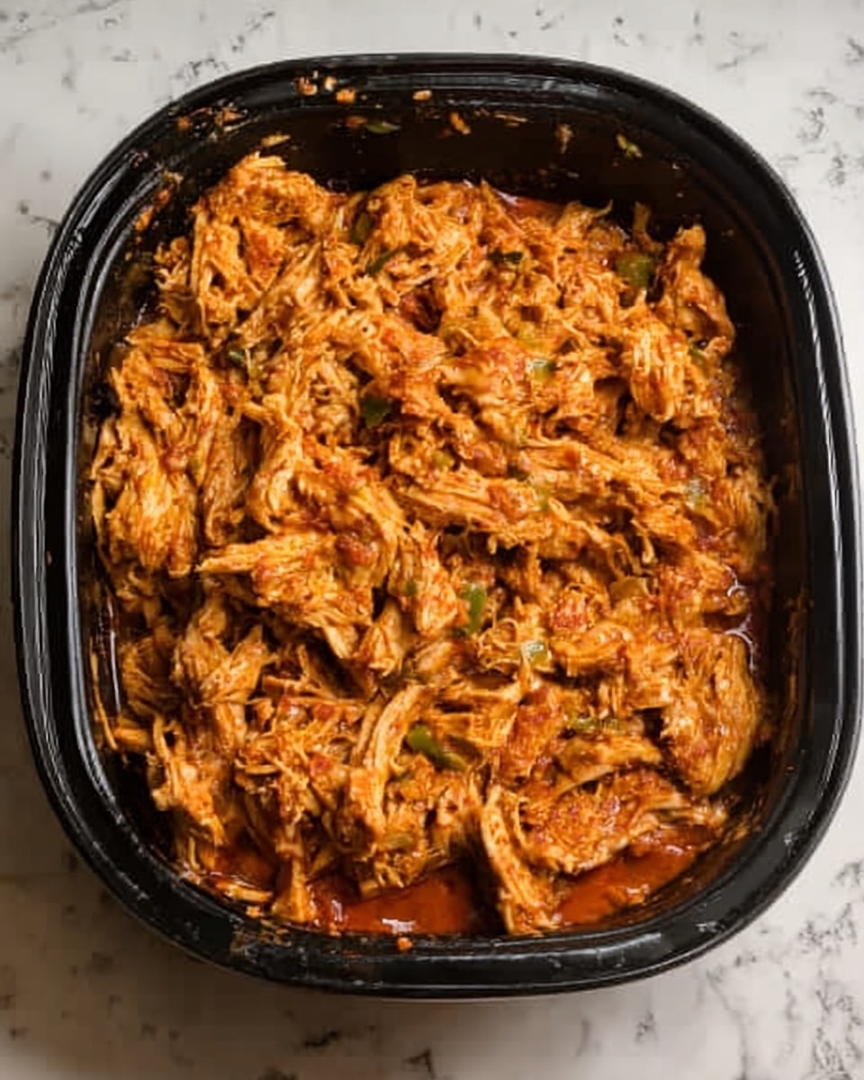 A black rectangular container filled with shredded cooked chicken mixed in a rich reddish-orange sauce. The chicken pieces are shredded unevenly, showing a slightly moist and saucy texture with bits of green herbs or small vegetable pieces scattered throughout. The sauce coats the chicken well, giving it a glossy and flavorful look. The background surface is a white marbled texture. photo taken with an iphone --ar 4:5 --v 7