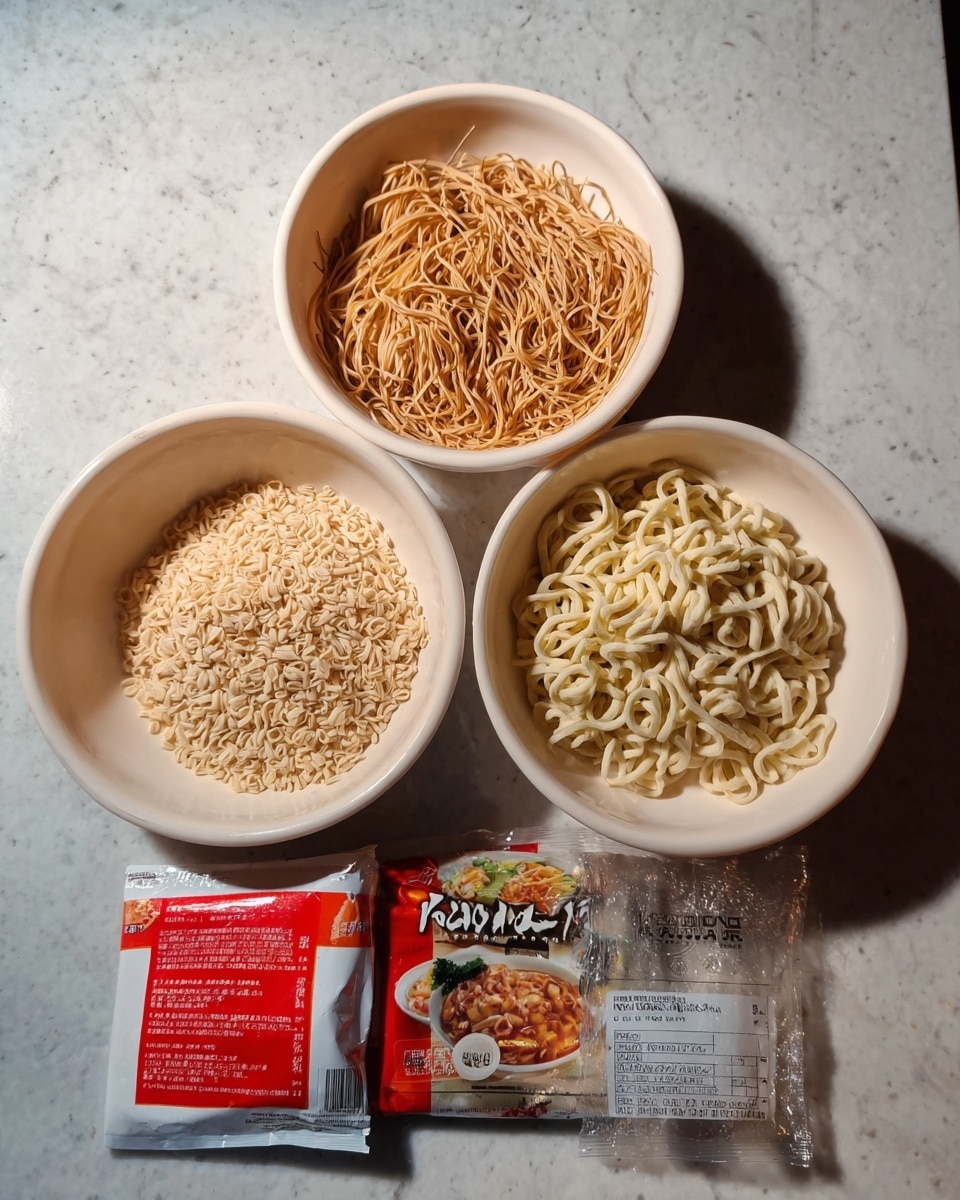 The image shows three white bowls on a white marbled surface, each with different types of dry ramen noodles. The top bowl contains thin, light brown noodles, the middle bowl has thicker, pale yellow noodles, and the bottom bowl holds round, light beige curly noodles. Next to the bowls are two ramen packaging labels and a red, white, and transparent noodle package, all placed neatly on the surface. photo taken with an iphone --ar 4:5 --v 7