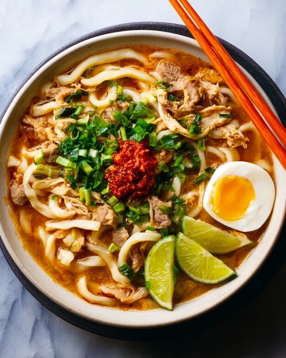 A white bowl filled with thick, light beige noodles in a clear brown broth sits on a white marbled surface. The noodles are mixed with small pieces of light brown cooked meat, topped with bright green chopped scallions in the center. A small mound of red chili paste rests on top of the scallions. On one side of the bowl, there are two green lime wedges, and on the other side, half of a boiled egg with a bright yellow yolk is placed. Orange chopsticks rest on the edge of the bowl. Photo taken with an iphone --ar 4:5 --v 7