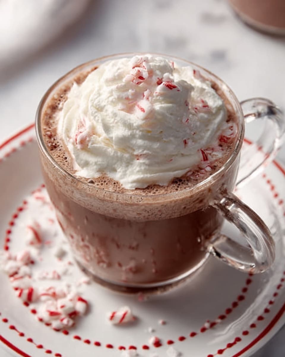 A clear glass cup filled with warm brown hot chocolate topped with a big swirl of white whipped cream. Small red and white candy pieces are sprinkled on top of the whipped cream and around the cup on a white plate with red dashed lines. The background is a white marbled texture. photo taken with an iphone --ar 4:5 --v 7