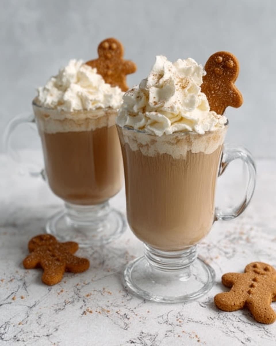 The image shows two clear glass mugs on a white marbled surface, each filled with a light brown creamy drink. On top of the drink is a thick, soft layer of white whipped cream, with gingerbread man cookies placed standing at the edge of the mugs. Extra gingerbread man cookies are scattered around the mugs on the marble surface. The mugs have handles, and the texture of the drink looks smooth and rich. Photo taken with an iphone --ar 4:5 --v 7