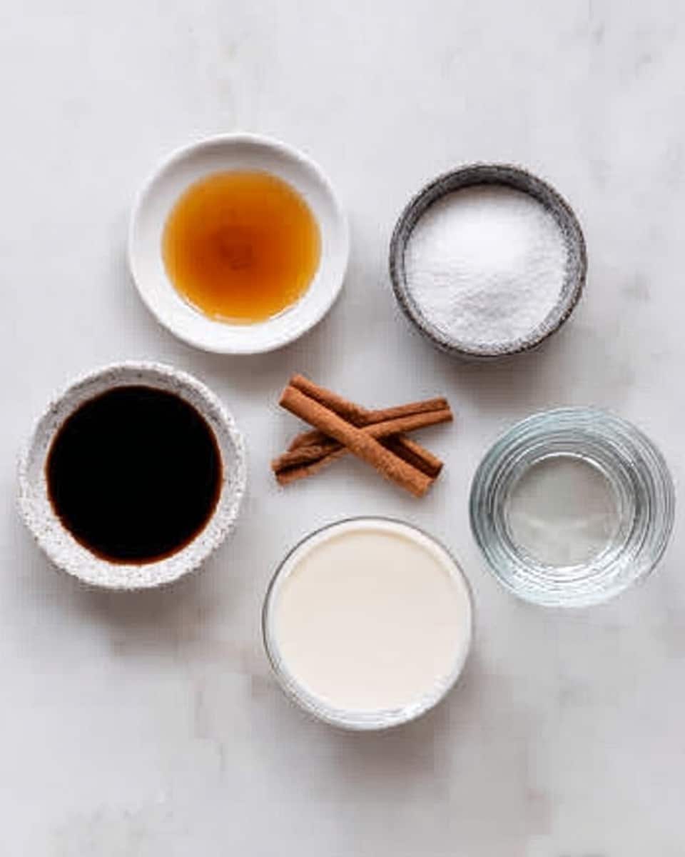 The image shows five small white bowls placed on a white marbled surface, each holding different ingredients. One bowl contains dark brown liquid, likely soy sauce, another has white granulated substance, probably sugar. There is a bowl with a thick white liquid on the right, possibly milk, and a clear liquid, likely water, in another bowl. In the center, cinnamon sticks are arranged in a small pile. The overall look is clean and simple. photo taken with an iphone --ar 4:5 --v 7