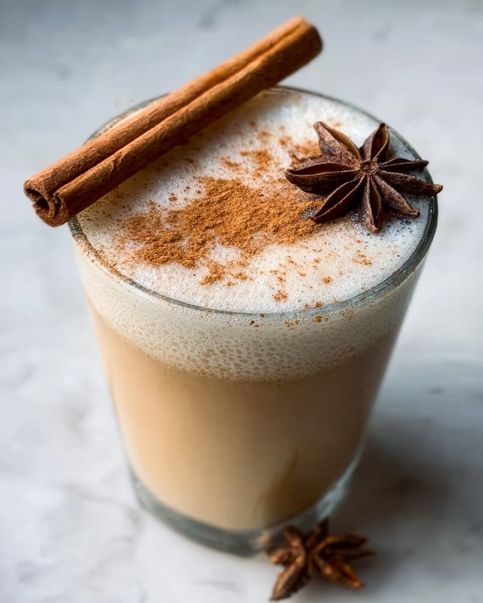 The image shows a creamy light brown drink in a clear glass filled to the top with frothy white foam. On the foam, there is a dusting of fine brown powder spread unevenly, with a whole cinnamon stick placed horizontally near the edge of the glass and a dark brown star anise resting beside it. The glass is set on a white marbled surface. Photo taken with an iphone --ar 4:5 --v 7