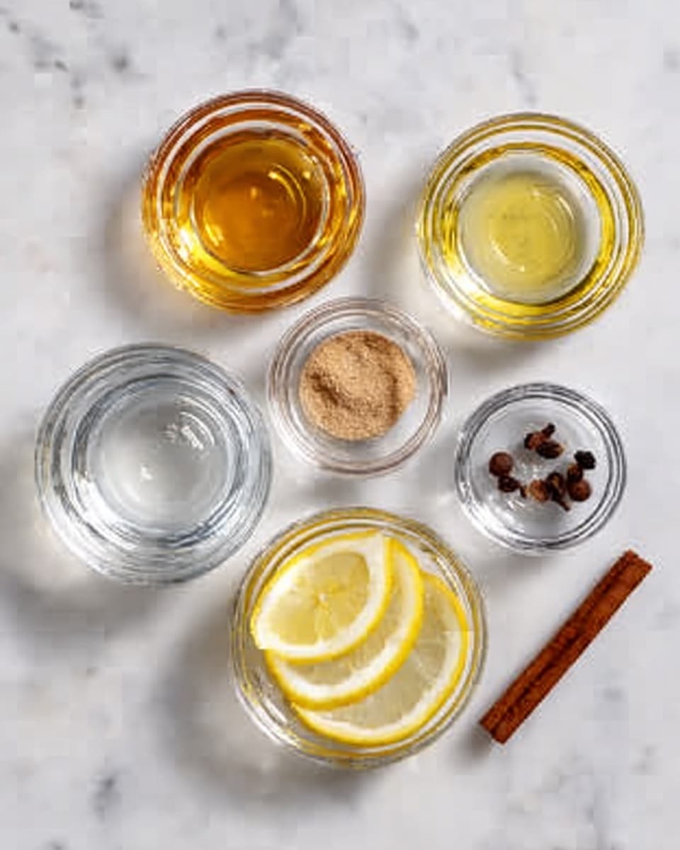A white marbled surface holds six small clear glass bowls. The top left bowl contains a golden liquid, likely honey, with a smooth glossy texture. Next to it, on the right, is a bowl with a pale yellow liquid that looks like oil. Below those, centered at the middle left, is a bowl filled with a light brown powder, possibly cinnamon or nutmeg. To its right, a bowl contains two dark brown whole cloves. Below these, a larger bowl holds a clear liquid with three thin yellow lemon slices floating on top. To the left of the lemon bowl is a larger bowl with clear water filling it halfway. On the far right of the image is a single cinnamon stick. All items rest neatly arranged on the white marbled background. Photo taken with an iphone --ar 4:5 --v 7