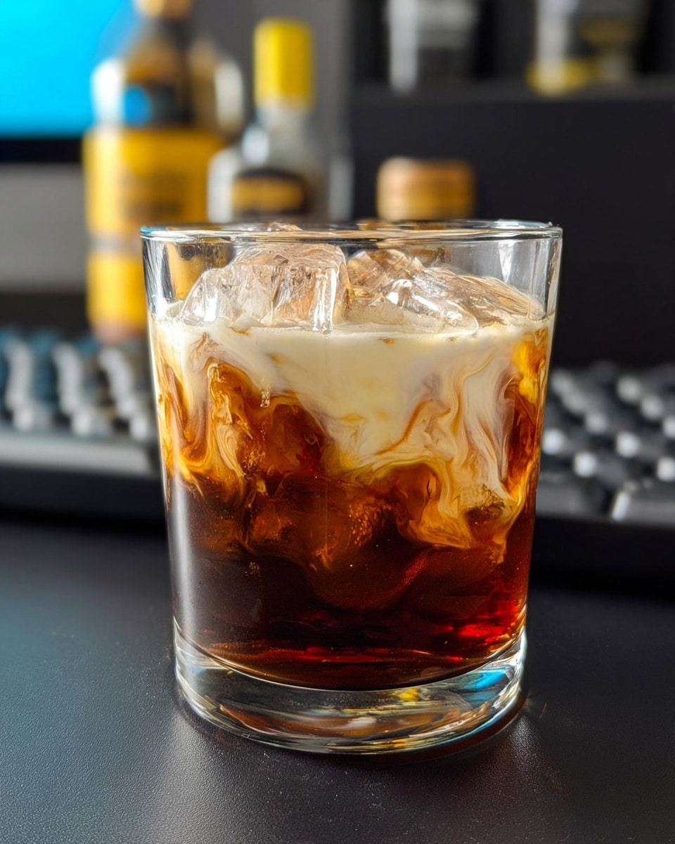 A clear short glass filled with ice cubes and a mix of dark brown and creamy white liquid swirling together, creating a marbled effect inside the glass. The drink has a deep amber layer at the bottom, with creamy white layers slowly blending in from the sides, surrounding the ice cubes which are partially submerged. The glass rests on a black surface with a blurred background featuring a keyboard and a yellow-capped bottle. Photo taken with an iphone --ar 4:5 --v 7