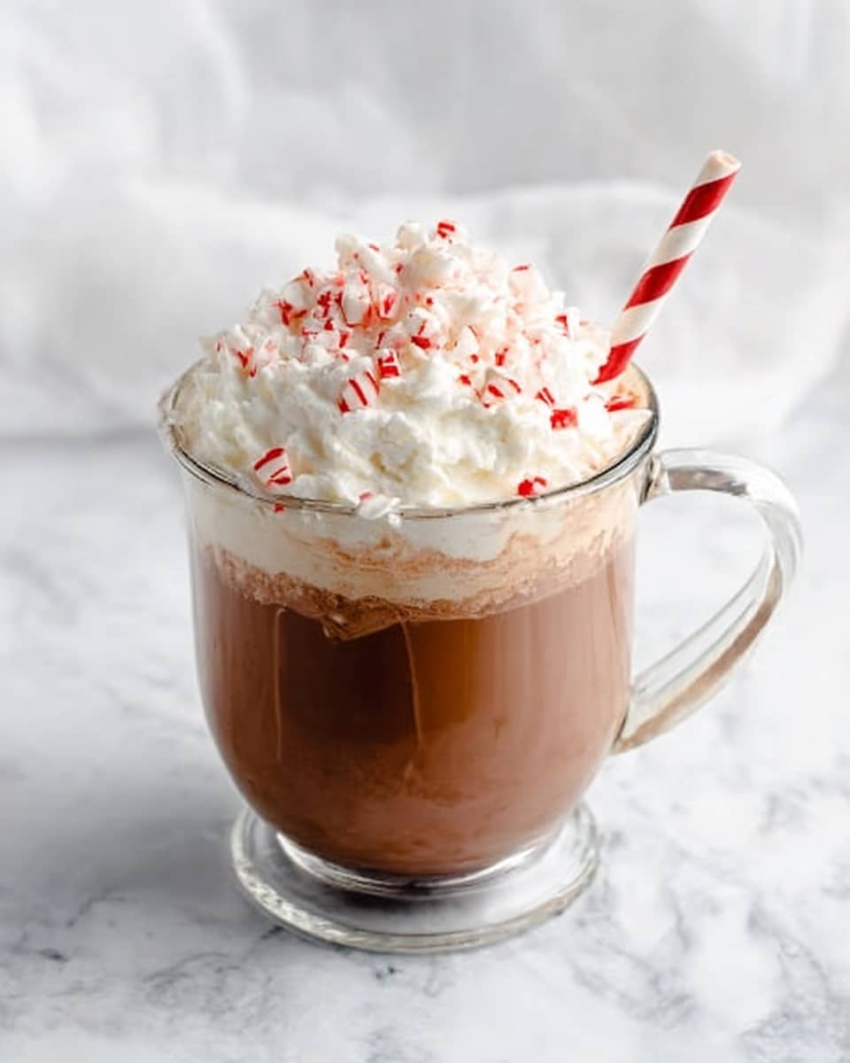 The image shows a clear glass mug filled with three layers of a creamy drink on a white marbled surface. The bottom layer is thick and milk chocolate brown, smooth in texture, filling about half the mug. Above it, a slightly lighter brown layer with a creamy texture forms the middle part. At the top, a large fluffy layer of white whipped cream spreads out unevenly, with red and white crushed candy pieces sprinkled on the whipped cream. A white and red striped paper straw sits on the right side, placed inside the mug and sticking out from the whipped cream. Photo taken with an iphone --ar 4:5 --v 7
