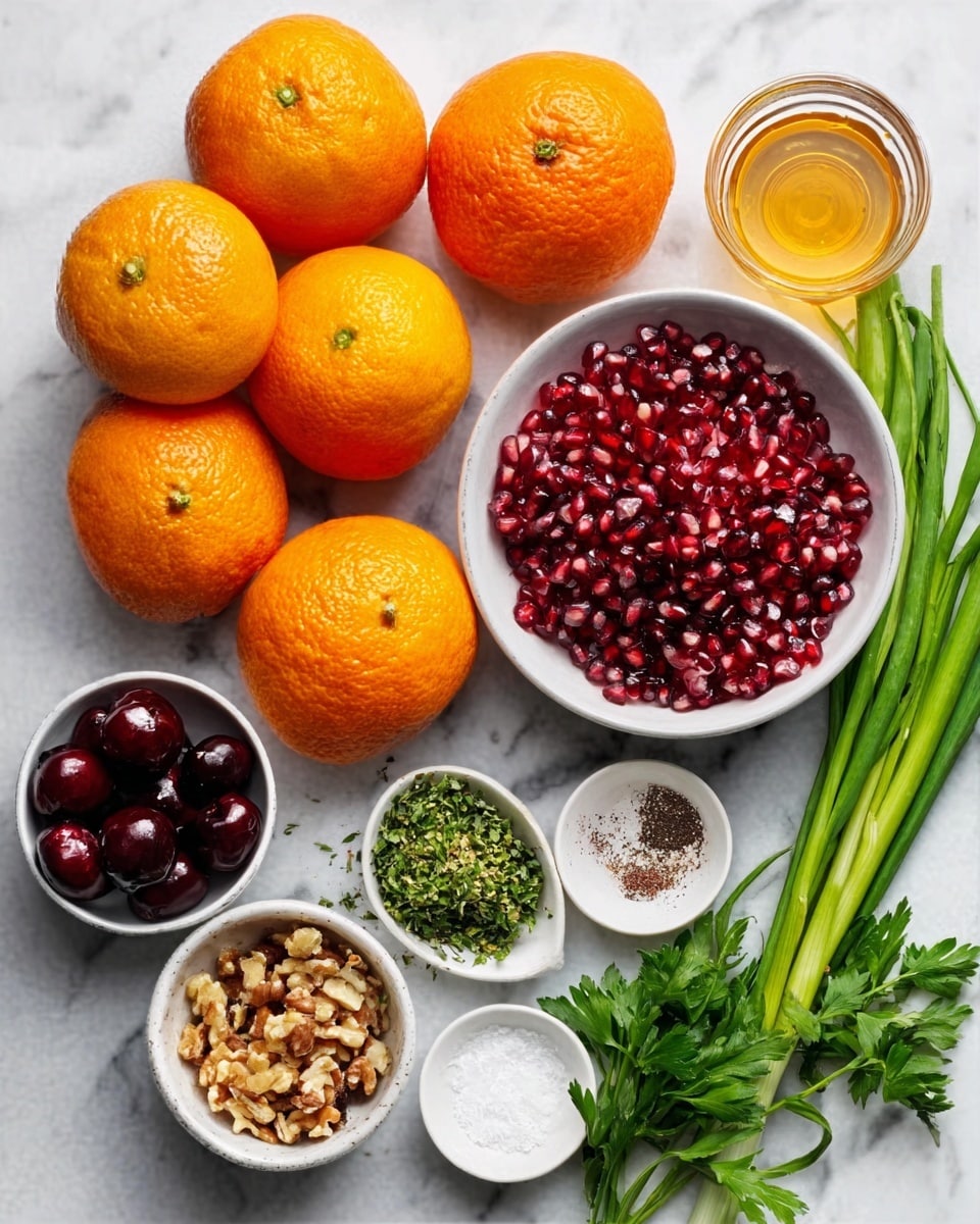 The image shows a variety of fresh ingredients arranged neatly on a white marbled surface. There are six bright orange citrus fruits, likely oranges and tangerines, grouped together on the left side. To the right, a white bowl is filled with deep red pomegranate seeds, and below it, another white bowl holds dark red cherries. A bunch of fresh green onions are placed diagonally near the bottom right. Around the bowls and fruits, small white dishes contain coarse salt, spices, and chopped nuts. Fresh green herbs, including parsley and another leafy green, are placed near the bottom right edge. A glass container with a golden liquid, likely honey, and a small glass bowl with clear liquid complete the setup. The overall scene is bright and clean, with each ingredient's color and texture clearly visible. Photo taken with an iphone --ar 4:5 --v 7