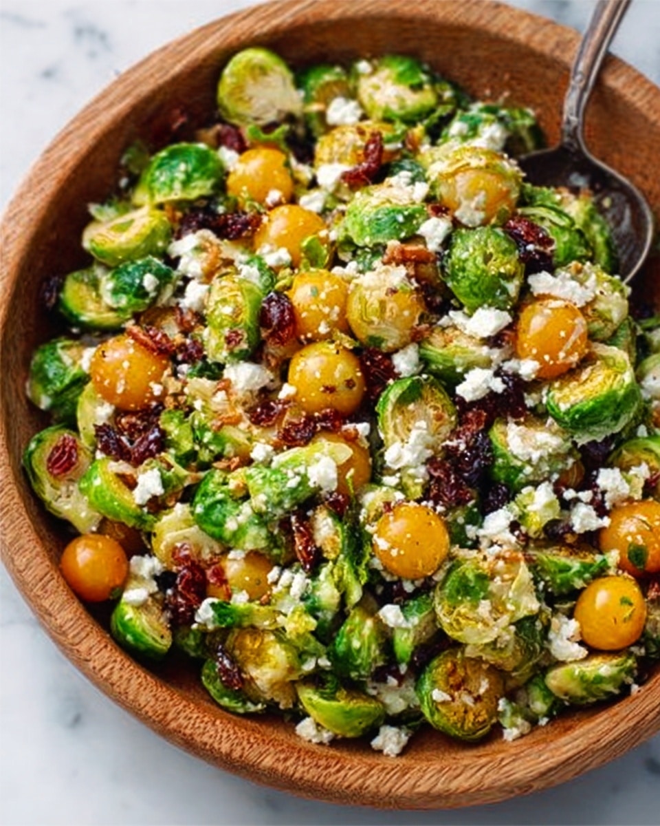 A wooden bowl filled with a colorful salad featuring bright yellow cherry tomatoes, sliced green Brussels sprouts, small cranberries or raisins, and white crumbly cheese scattered on top. The salad has a fresh and vibrant look with different textures: smooth tomatoes, crisp sprouts, and soft cheese. A metal spoon rests in the bowl, all placed on a white marbled surface. photo taken with an iphone --ar 4:5 --v 7