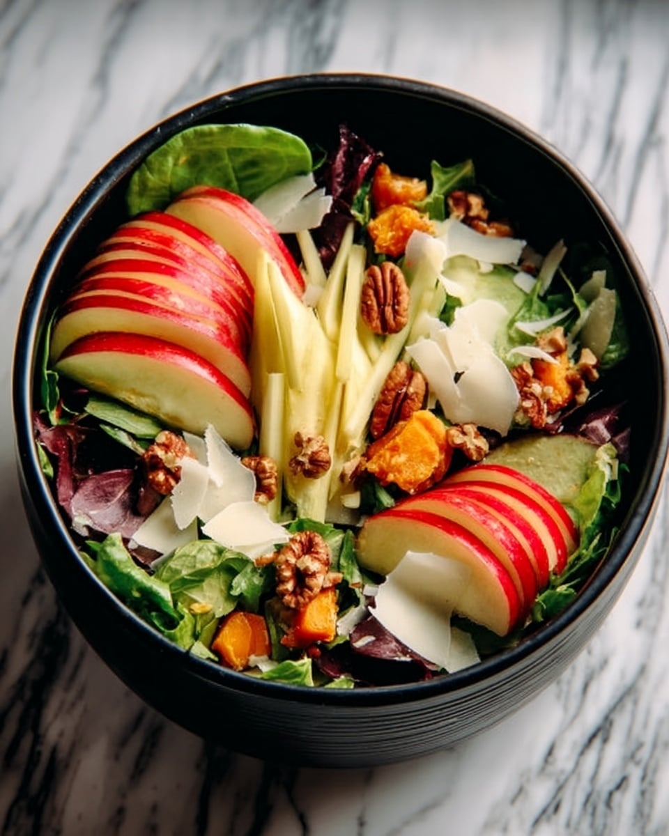 A black bowl filled with a colorful salad sits on a white marbled surface. The salad has several layers starting with fresh green leaves at the bottom, topped with slices of red apple arranged in a circular pattern. On top of the apples, there are thin, long slices of pale yellow cheese, clusters of brown nuts, small chunks of orange-colored roasted vegetables, and thin white shavings of coconut or cheese scattered over the salad. The colors stand out brightly against the black bowl, creating a fresh and healthy look. Photo taken with an iphone --ar 4:5 --v 7