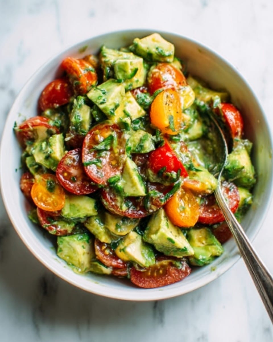 A white bowl filled with a fresh, chunky salad made of bright green avocado pieces, red and orange cherry tomatoes cut into halves, and small green leafy bits mixed throughout. A silver spoon is resting inside the bowl with a woman's hand holding it from the right side of the frame. The bowl sits on a white marbled surface. The colors are vibrant with a soft natural light highlighting the freshness of the ingredients. photo taken with an iphone --ar 4:5 --v 7