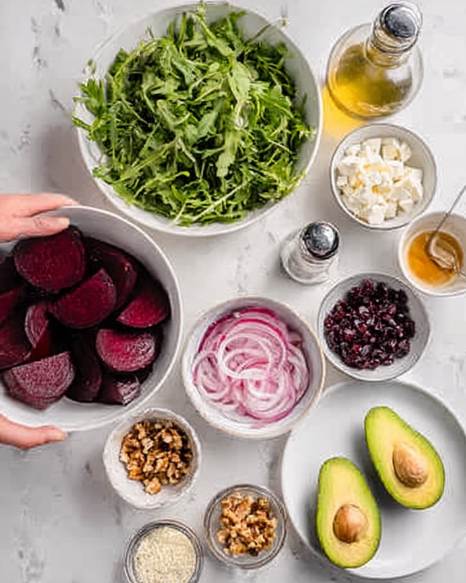 The image shows multiple white bowls and a white plate arranged on a white marbled surface. One large white bowl contains dark red-purple sliced beets with a smooth texture. Another large white bowl is filled with fresh dark green arugula leaves, appearing crisp and leafy. Smaller white bowls hold different ingredients: one has light purple and pink thin onion slices, another has small pieces of white cheese, another contains dark red dried cranberries, and one bowl with crushed light brown nuts. A white plate holds two halves of a bright green avocado with a smooth texture and seed removed. Around the bowls are small containers with olive oil, pepper grinder, salt, and honey, with a woman's hand holding a bowl on the side. The overall look is fresh, colorful, and ready for making a salad. photo taken with an iphone --ar 4:5 --v 7