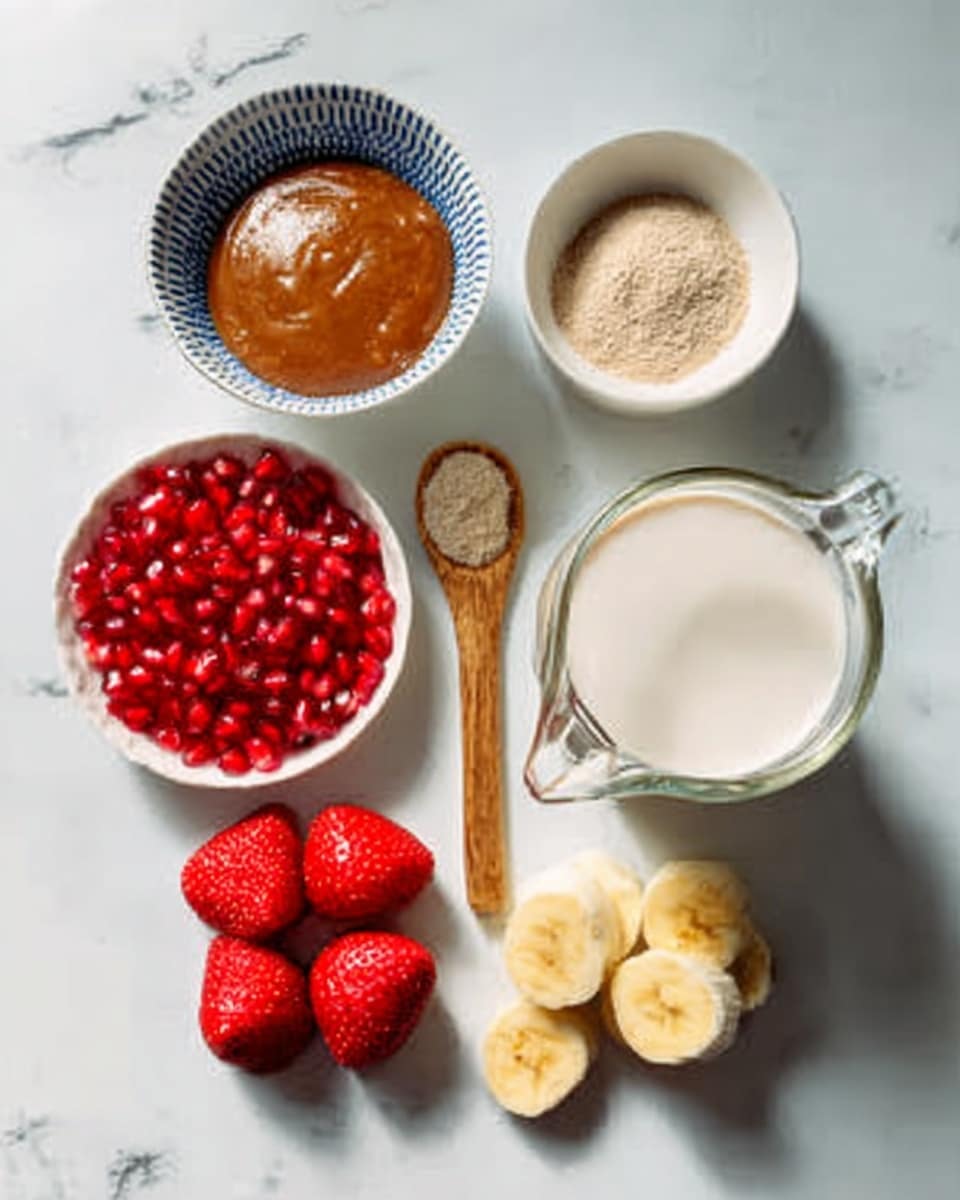 The image shows six clear groups of food items neatly arranged on a white marbled surface. At the top left, there is a white bowl with a blue pattern around the rim, filled with a thick brown sauce. To the right of it is a small white bowl containing a light brown powder, with a small wooden spoon next to it. Below these, on the left, is a white bowl filled with bright red pomegranate seeds. On the right side are seven fresh red strawberries grouped closely together. At the bottom left, two pieces of light yellow banana and a peeled fruit piece are placed. On the bottom right side, there is a clear glass jug filled with white milk. The scene is bright and clean, textured with natural light, showing the fresh and colorful ingredients clearly. Photo taken with an iphone --ar 4:5 --v 7