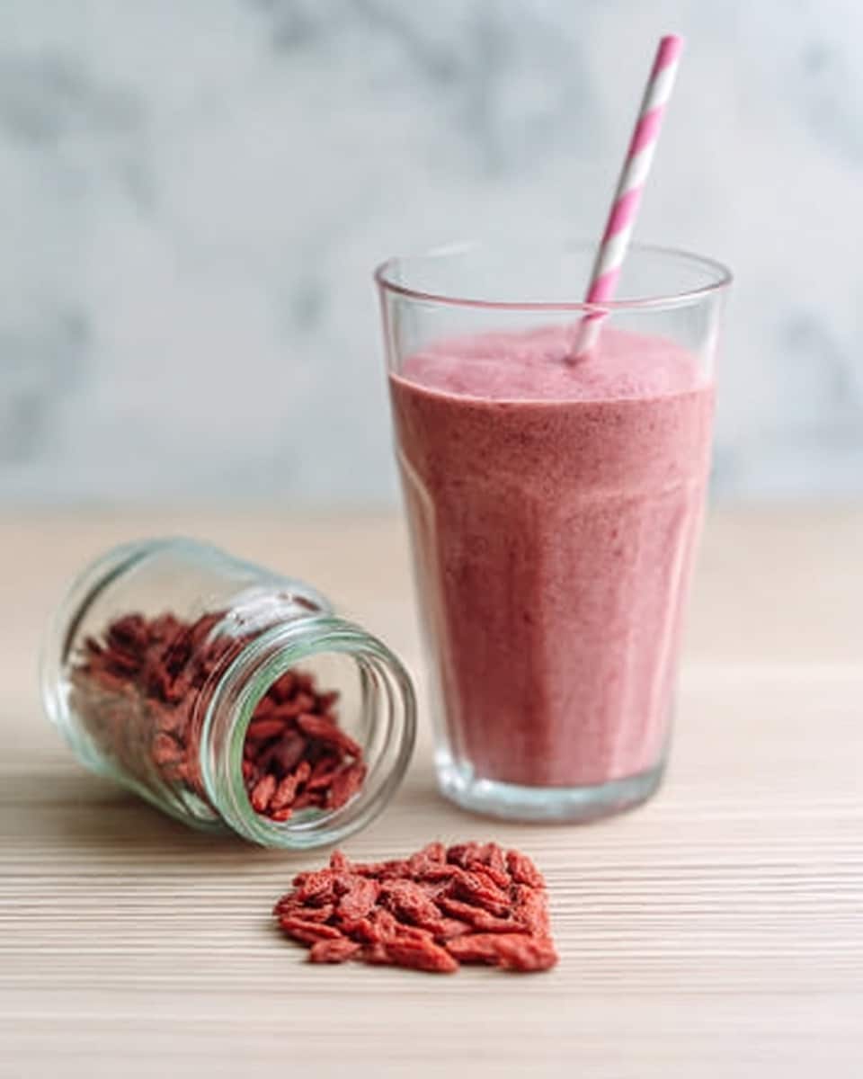 A clear glass filled with a thick pink smoothie topped with a pink and white striped straw, placed on a light wooden surface next to a white marble background. Beside the glass, there is an open jar lying on its side with red dried berries spilling out in a heart shape. The scene is bright and simple, focusing on the smooth texture of the drink and the vibrant red berries. photo taken with an iphone --ar 4:5 --v 7