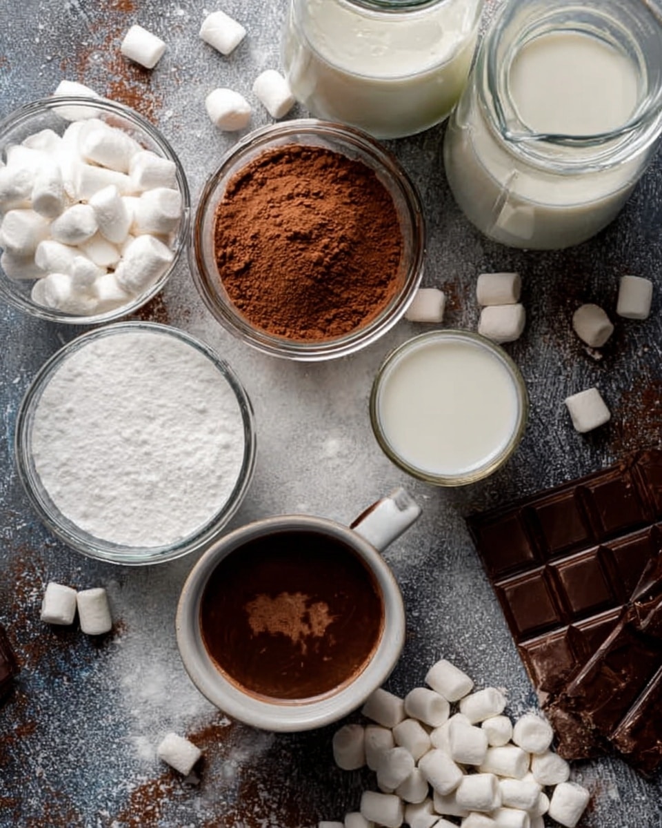 The image shows a dark stone surface with various items for making hot chocolate. There are three clear glass cups placed closely; one cup contains cocoa powder, another is filled with milk, and the third holds foamy milk. A white marbled texture surface is underneath everything. Around the cups, many small white marshmallows are scattered. A white ceramic cup, also on the surface, contains dark hot chocolate. Near the bottom right corner, a piece of broken dark chocolate bar lies flat. Two glass pitchers filled with water or milk are visible at the back. The scene is arranged neatly with a cozy and warm feeling. Photo taken with an iphone --ar 4:5 --v 7