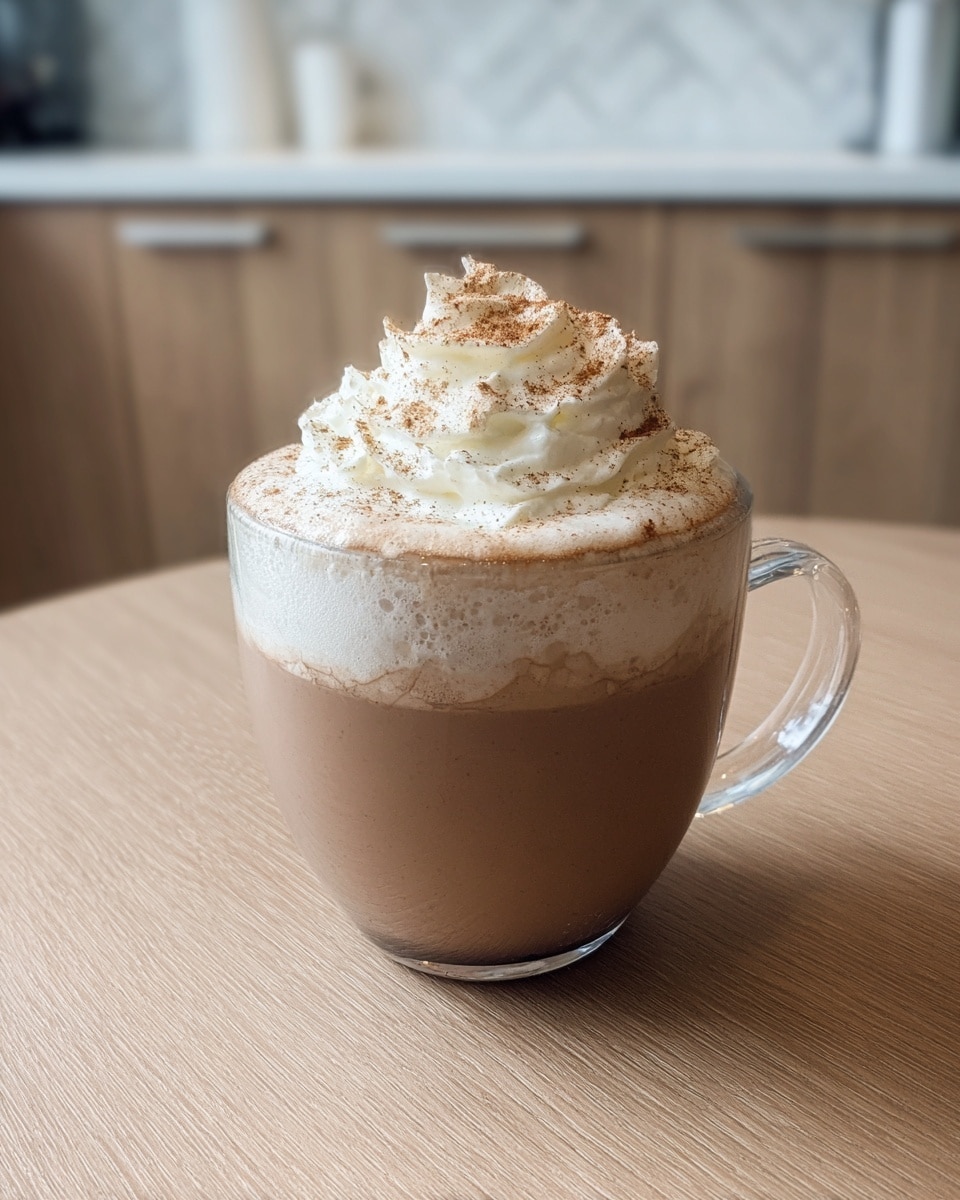 A clear glass cup filled with light brown hot chocolate takes up the bottom two-thirds of the cup, topped by a thick middle layer of frothy cream. On top sits a tall swirl of white whipped cream sprinkled with light brown cinnamon powder, adding a soft textured look. The cup is placed on a light wood table, with a white marbled floor and light wood kitchen cabinets in the background. The photo taken with an iphone --ar 4:5 --v 7