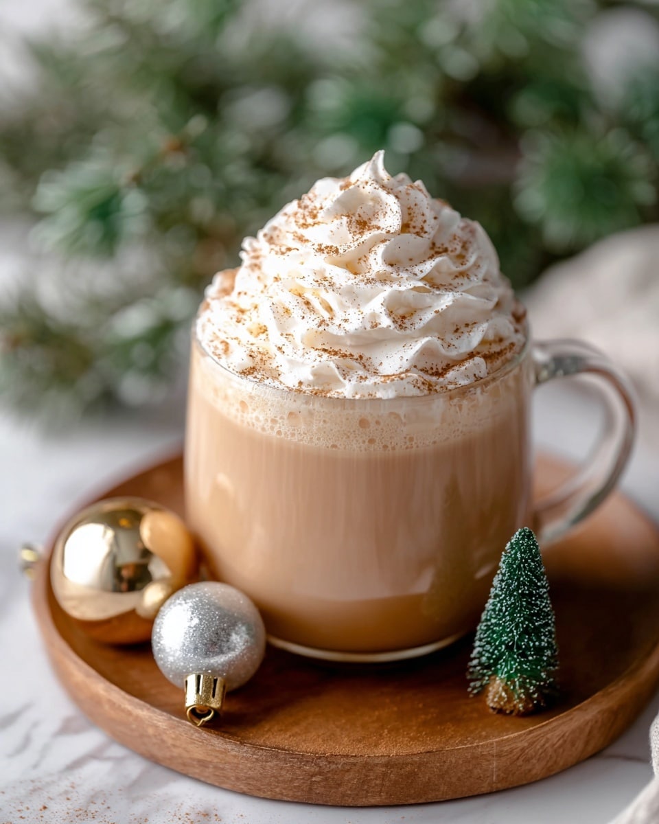 A clear glass mug filled with a light brown creamy drink, topped with a thick, tall swirl of white whipped cream sprinkled lightly with brown powder. The mug sits on a round wooden board with two small shiny Christmas ornaments—one gold and one silver—placed near its base, along with a tiny green pine tree decoration. Soft green pine branches are blurred in the background, all set on a white marbled surface. Photo taken with an iphone --ar 4:5 --v 7
