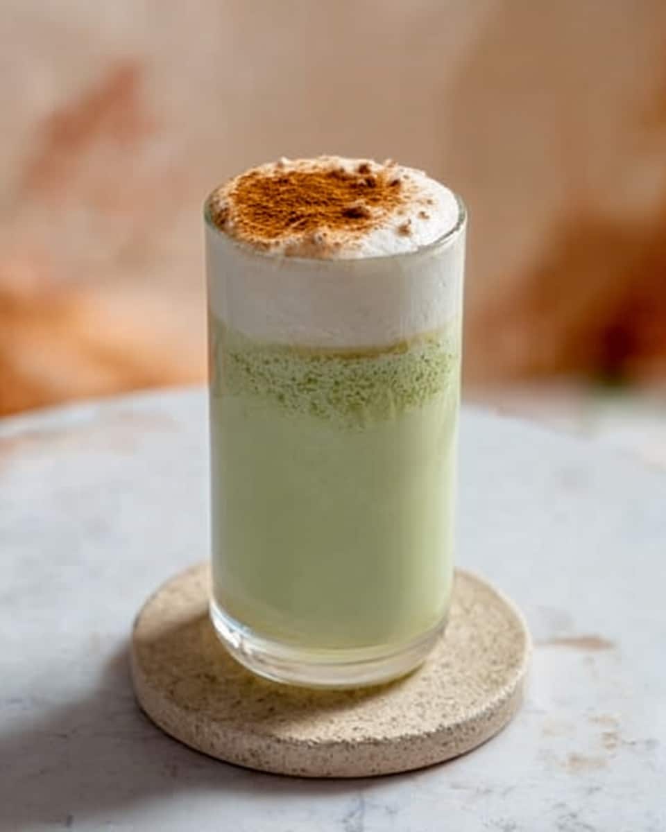 The image shows a tall clear glass with three visible layers of a drink on a white marbled surface. The bottom layer is light green and creamy, filling about half the glass. Above that, there is a thin white layer with ice cubes visible inside. The top layer is thick, white foam or cream sprinkled with a fine brown powder, covering the entire surface of the drink. The glass is placed on a round stone coaster with a light beige color, and a blurred background with soft, warm colors is visible. Photo taken with an iphone --ar 4:5 --v 7