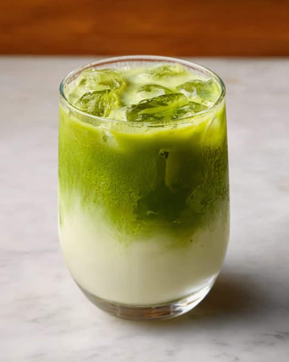 A clear glass filled with a two-layer iced drink sits on a white marbled surface. The bottom layer is creamy white, smooth in texture, and takes up about half of the glass. The top layer is bright green with a frothy, slightly thick texture and some small ice cubes floating on it. The layers have a soft boundary where the green gently mixes into the white layer below. Photo taken with an iphone --ar 4:5 --v 7