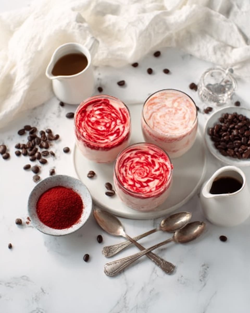 The image shows three creamy desserts in clear round glasses placed on a white marbled surface. Each glass has two layers: the bottom layer is smooth and light pink, while the top layer is textured with bright red swirls. The glasses are arranged in a loose triangle. Around them, there are scattered coffee beans, a small white pitcher, a small bowl of dark coffee beans, and a small bowl of fine red powder. Three old silver spoons lie near the glasses, and a white cloth is softly spread in the background. The scene is bright and clean with soft natural lighting. photo taken with an iphone --ar 4:5 --v 7