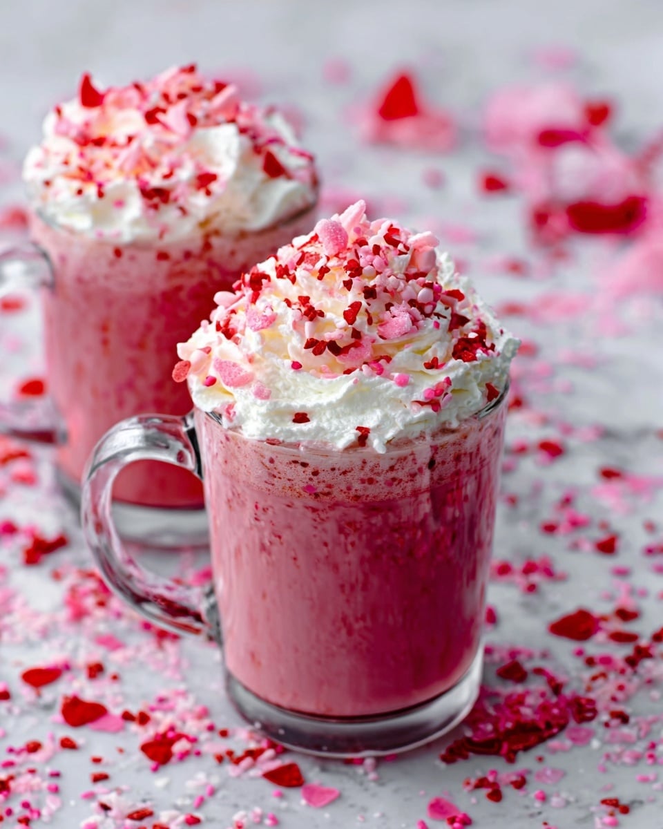 The image shows two clear glass mugs filled with a pink drink topped with thick white whipped cream. The whipped cream is sprinkled with red and pink small candy pieces. The mugs are placed on a white marbled surface that is also covered with scattered red and pink candy pieces. One mug is in the front and the other is slightly behind it. The photo has a soft focus background with some blurred red and pink decorations. photo taken with an iphone --ar 4:5 --v 7