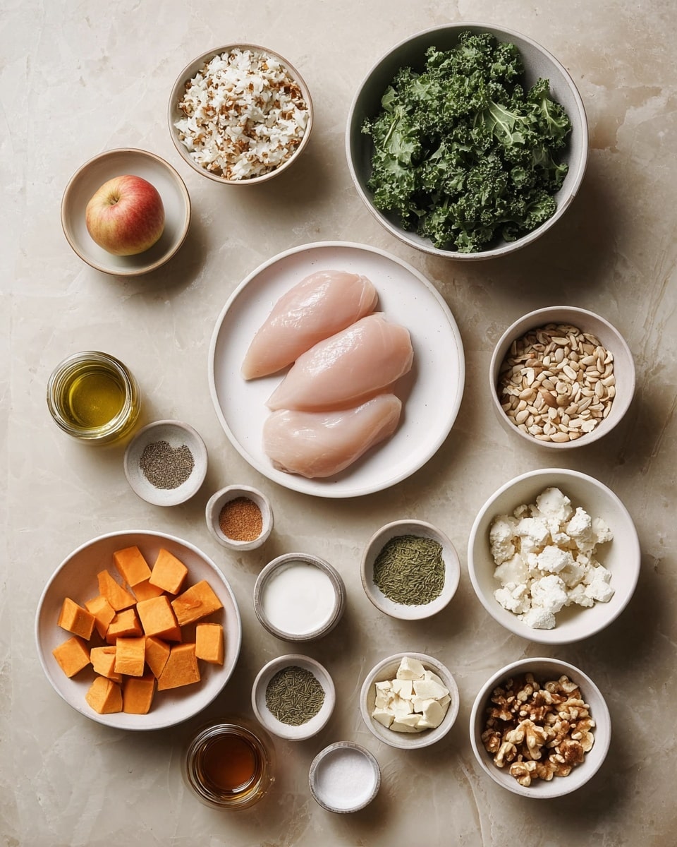 The image shows multiple white bowls and ceramic dishes arranged neatly on a white marbled surface. At the center, there is a shallow white bowl with two raw light pink chicken breasts. Above it, a white bowl is filled with fresh curly green kale leaves, and to the left, another white bowl contains mixed cooked rice with white and brown grains. Below the chicken, a larger white bowl holds bright orange cubes of sweet potato. To the right of the chicken, a bowl with a mix of light brown nuts and seeds and a smaller bowl with crumbly white cheese are visible. Scattered around are small dishes with various spices, including light green dried herbs, black pepper and salt mix, a brown powdered spice, white powder, and a container with creamy white sauce. A small container with dark liquid, another with golden olive oil, and a fresh apple with a red-yellow skin are also included. A jar with a thick brown liquid is open near the bottom. The setup gives a clear and clean view of each ingredient, all placed on the white marbled texture. photo taken with an iphone --ar 4:5 --v 7