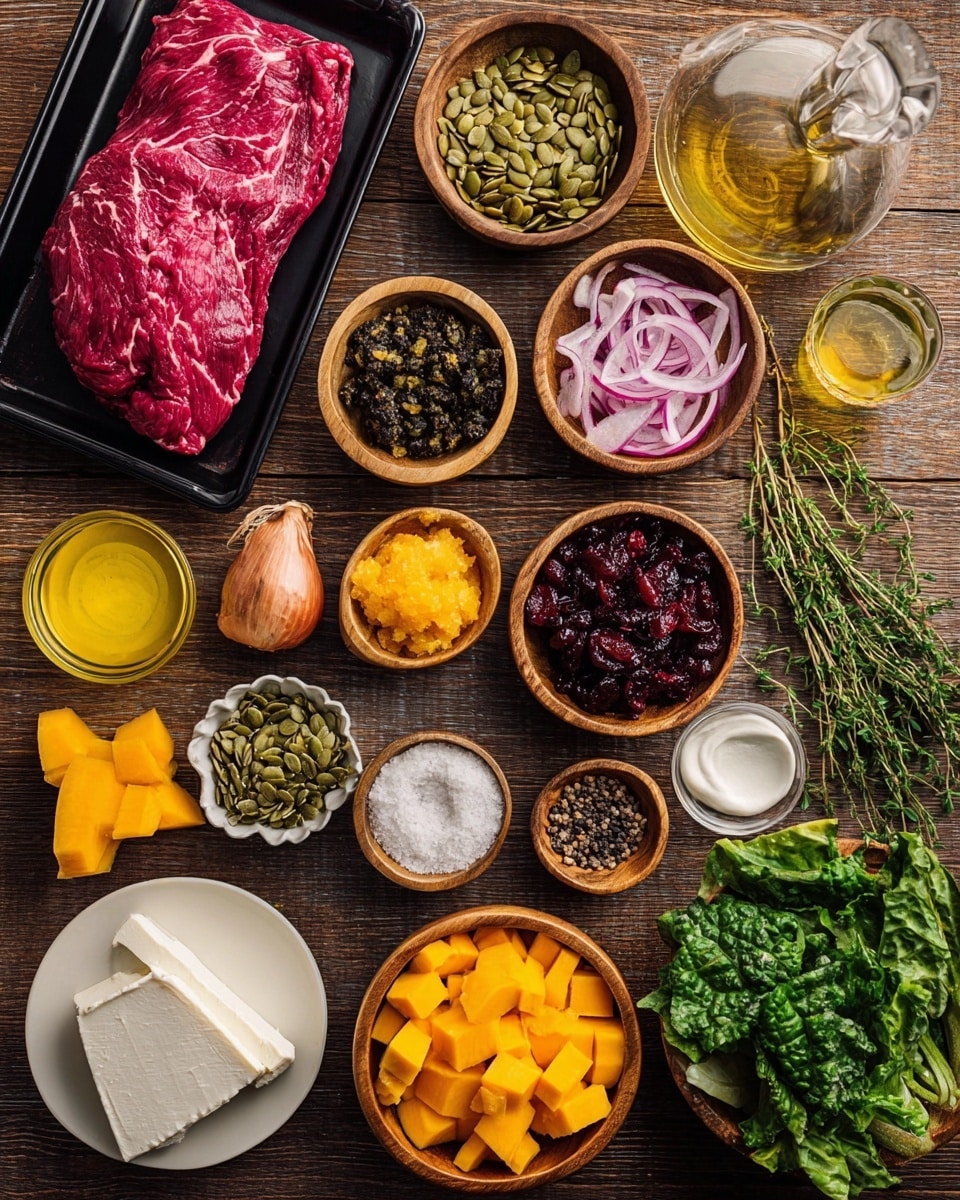 The image shows many ingredients arranged neatly on a wooden surface. There is a raw red meat piece in a black tray on the left side. Around it are small bowls with green pumpkin seeds, dried cranberries, yellow mustard, olive oil, purple-red sliced onions, bright orange diced squash, and fresh green leafy vegetables in wooden bowls. Also, there are whole garlic cloves, a shallot, yellow squash, white cheese blocks on a white plate, small bowls of garlic paste, salt, black pepper, and herbs. The colors include deep red, bright yellow, green, white, and earthy tones, all placed on a warm wooden background. photo taken with an iphone --ar 4:5 --v 7