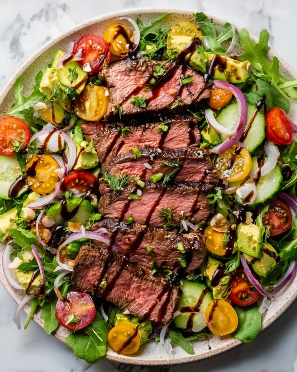A white plate holds a colorful salad topped with sliced grilled steak arranged in three layers across the center. The steak is medium-rare with a pinkish-red inside and brown grill marks outside. Around the steak, vibrant layers of mixed greens, halved cherry tomatoes in yellow and red, thinly sliced red onions, and sliced cucumbers spread out evenly. Small dollops of green avocado add a creamy texture, and a dark balsamic glaze is drizzled smoothly over the entire dish, creating a visually appealing contrast. The plate rests on a white marbled surface. Photo taken with an iphone --ar 4:5 --v 7