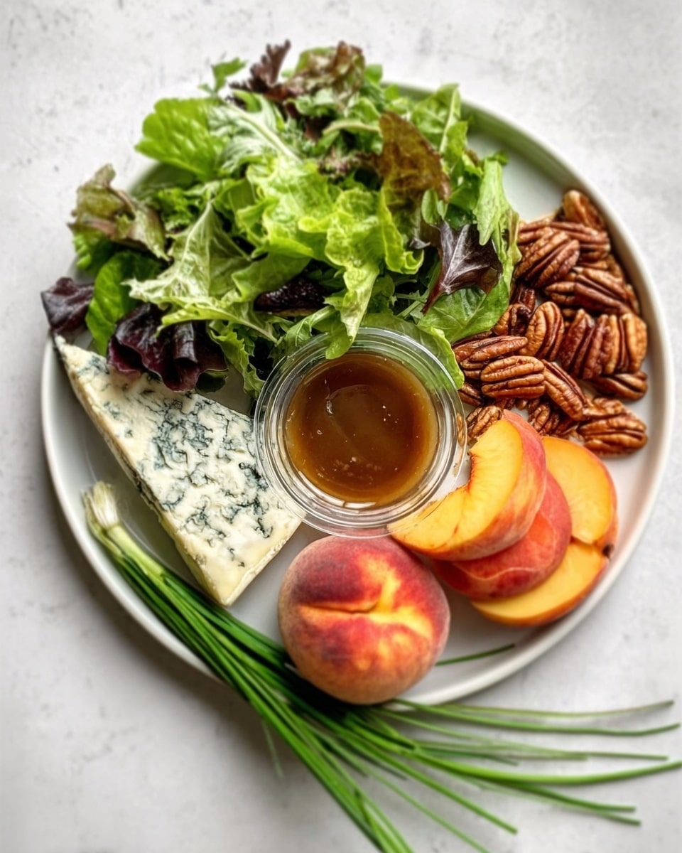 A round white plate on a white marbled surface holds a fresh green salad with different leafy greens piled in one section. Next to it, there is a wedge of blue-veined cheese showing its creamy texture and blue spots. Beside the cheese, there are several pecan nuts in a small heap. Three whole peaches with soft orange and red skin rest at the bottom of the plate. A small clear container filled with brown dressing is placed near the salad. Long green chives lay across the bottom edge of the plate. Photo taken with an iphone --ar 4:5 --v 7