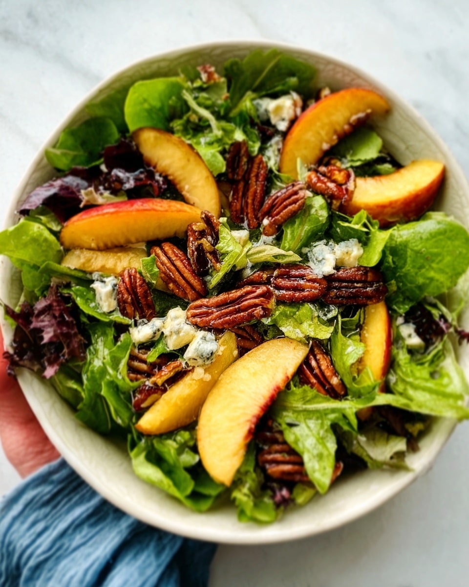 This image shows a fresh salad in a white bowl placed on a white marbled surface. The dish has several layers: at the bottom, there are mixed green leaves with light and dark green colors and soft textures. On top, there are yellow peach slices with smooth edges and a shiny surface, along with dark brown pecans that look firm and slightly wrinkled. Small pieces of crumbly white cheese are scattered throughout, adding a contrast in color and texture. A woman's hand is holding the bowl slightly from the side. photo taken with an iphone --ar 4:5 --v 7