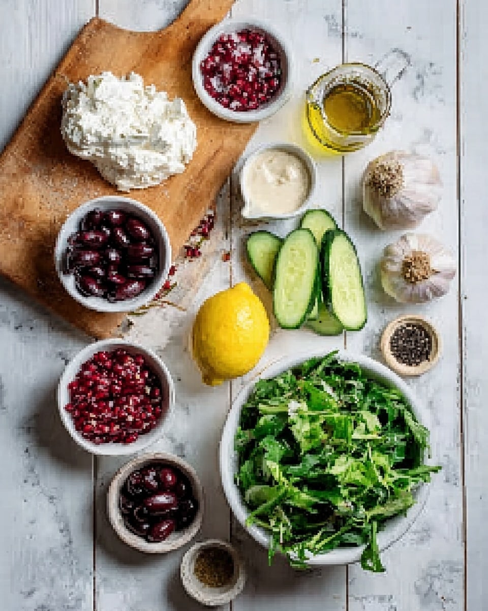The image shows a wooden board with a white soft cheese on it near the top left. Around it are small white bowls filled with dark olives, pomegranate seeds, and a light creamy sauce. There are two cucumber slices and a lemon wedge placed directly on the white marbled surface. A large white bowl full of green leafy salad is on the right side. Whole garlic bulbs and a small bowl of black pepper seeds are scattered nearby. A small glass jug with olive oil is near the cheese. The colors are fresh and natural with green, red, white, and dark purples on a clean white marbled background. Photo taken with an iphone --ar 4:5 --v 7