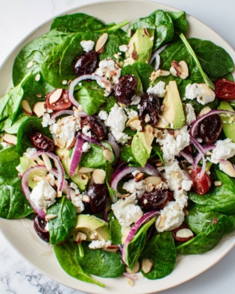 A white round plate filled with a fresh salad on a white marbled surface. The salad has a base layer of bright green leafy spinach leaves evenly spread out. On top, there are scattered dark red cherry tomatoes, thin slices of purple onion, and small white almond flakes. There are also chunks of light green avocado and small dollops of soft white cheese spread across the salad. The colors are vibrant and fresh, showing a mix of textures from crunchy to soft. Photo taken with an iphone --ar 4:5 --v 7
