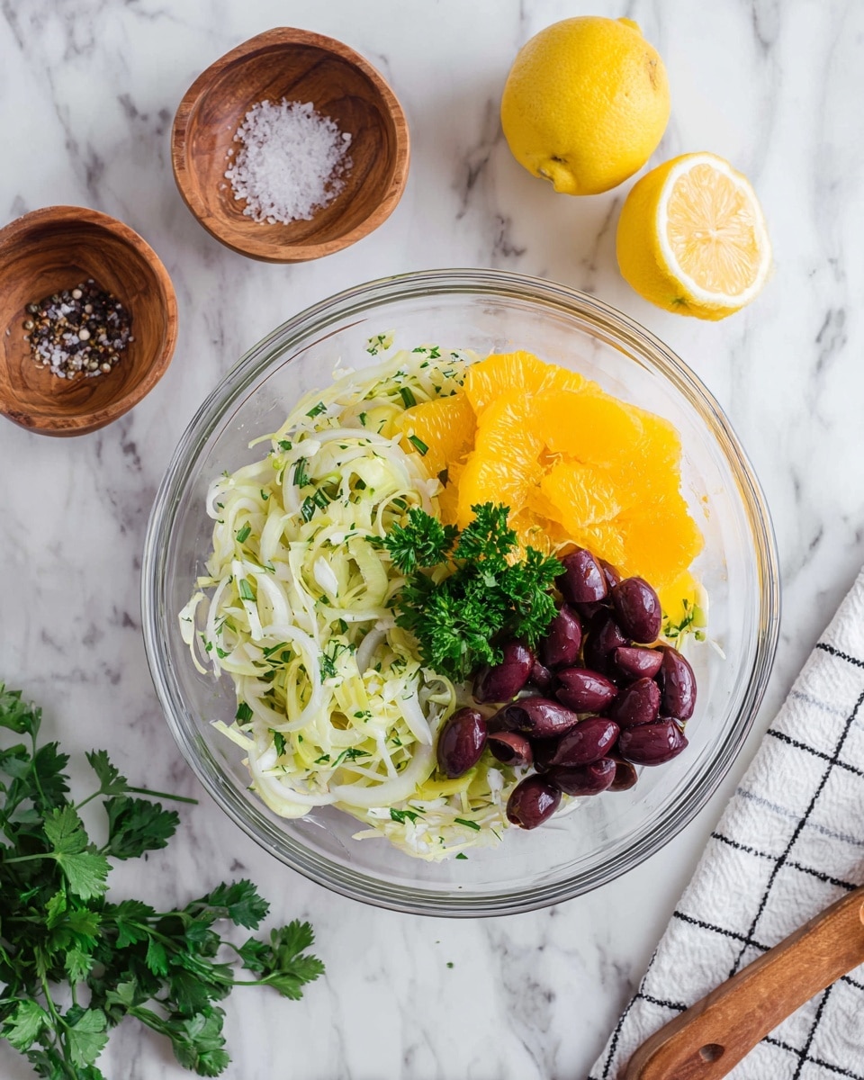 A clear glass bowl on a white marbled surface holds a fresh salad with three main layers: thin, pale green curly fennel slices mixed with finely chopped herbs form the base layer, topped with bright yellow orange segments on one side and a cluster of dark purple olives on the other side, with vibrant green parsley leaves placed in the center. Nearby, two halves of a lemon, coarse salt, and pepper in wooden bowls sit beside the bowl, along with some loose parsley and a white cloth with a black grid pattern. Photo taken with an iphone --ar 4:5 --v 7