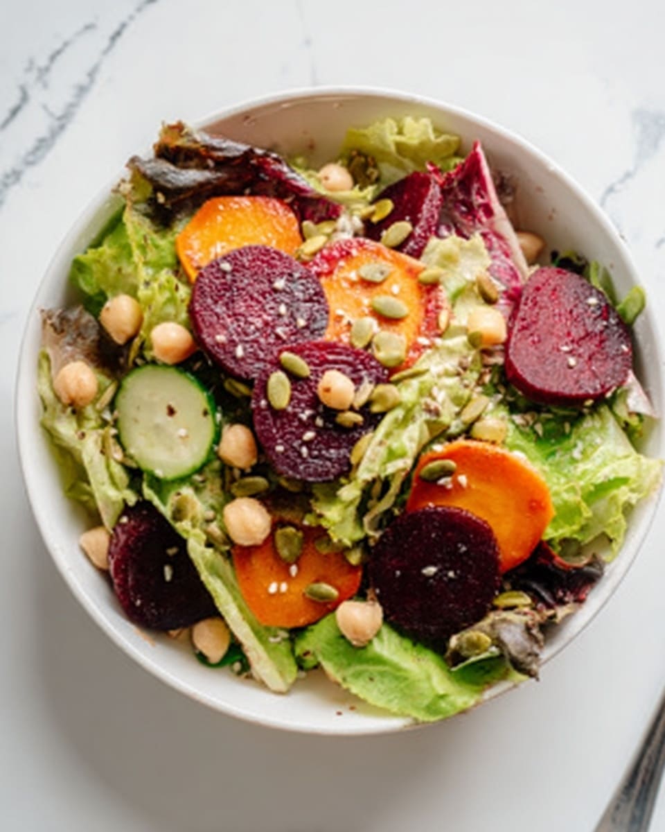 A white bowl filled with a fresh salad sits on a white marbled surface. The salad has several layers: at the base, a mix of green and purple leafy lettuce; scattered on top are thin, round slices of deep red beetroot and bright orange carrot strips. Light green cucumber chunks and pale chickpeas are spread around evenly. The salad is sprinkled with small green pumpkin seeds and sesame seeds, adding texture and color contrast. The image is clear and bright, with natural light highlighting the freshness and colors of the salad. Photo taken with an iphone --ar 4:5 --v 7