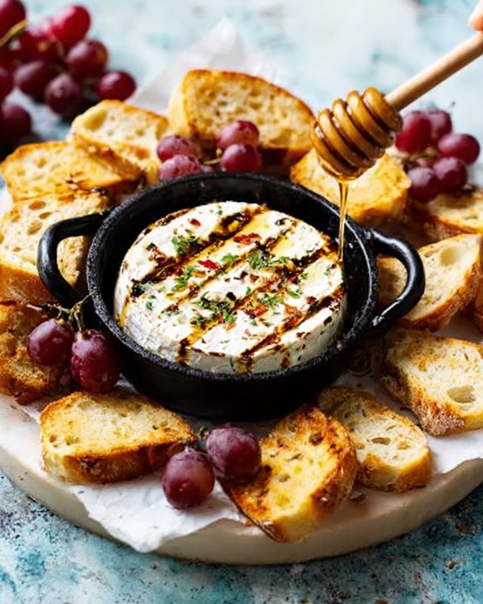 A small black cast iron pot filled with creamy white cheese topped with thin brown grilled lines, small red pepper flakes, and tiny herb bits, placed on white paper. Around the pot are several toasted golden brown bread slices with a crunchy texture. There are small bunches of red grapes on the white marbled surface in the background. A woman's hand uses a honey dipper to drizzle honey over the cheese. Photo taken with an iphone --ar 4:5 --v 7