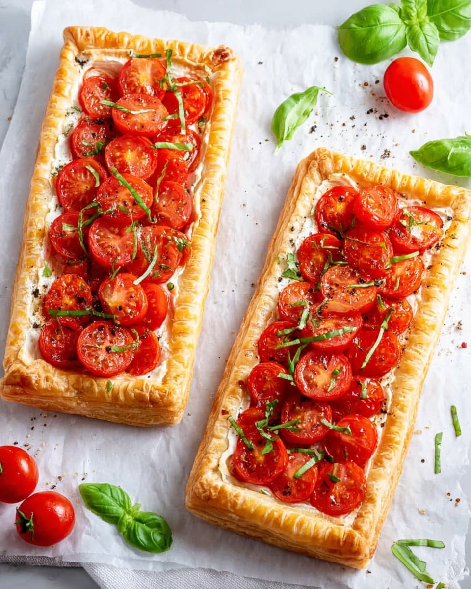 A square tomato and onion tart with one slice cut out sits on a round wooden board. The tart has a golden crust base, topped with bright red tomato slices and caramelized thin purple and white onions spread evenly in layers, sprinkled with small fresh green herb leaves. To the left, there is a white bowl filled with vibrant green broccoli pieces and light colored stalks. A glass jug with pale yellow oil is nearby, and a knife with a wooden handle rests beside the tart on the wooden board. The background is a white marbled surface with a green cloth partially under the board. Photo taken with an iphone --ar 4:5 --v 7