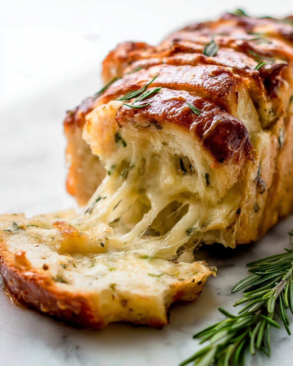 A close-up view of a sliced loaf of herb and cheese bread, showing one thick slice in front with a golden brown crust and soft, light yellow interior filled with melted cheese and small green herb pieces spread through the middle layer. The crust has a slightly crispy texture with some rosemary sprinkled on top, and a small rosemary sprig is placed next to the loaf on the white marbled surface. The background is softly blurred with a light neutral tone. photo taken with an iphone --ar 4:5 --v 7