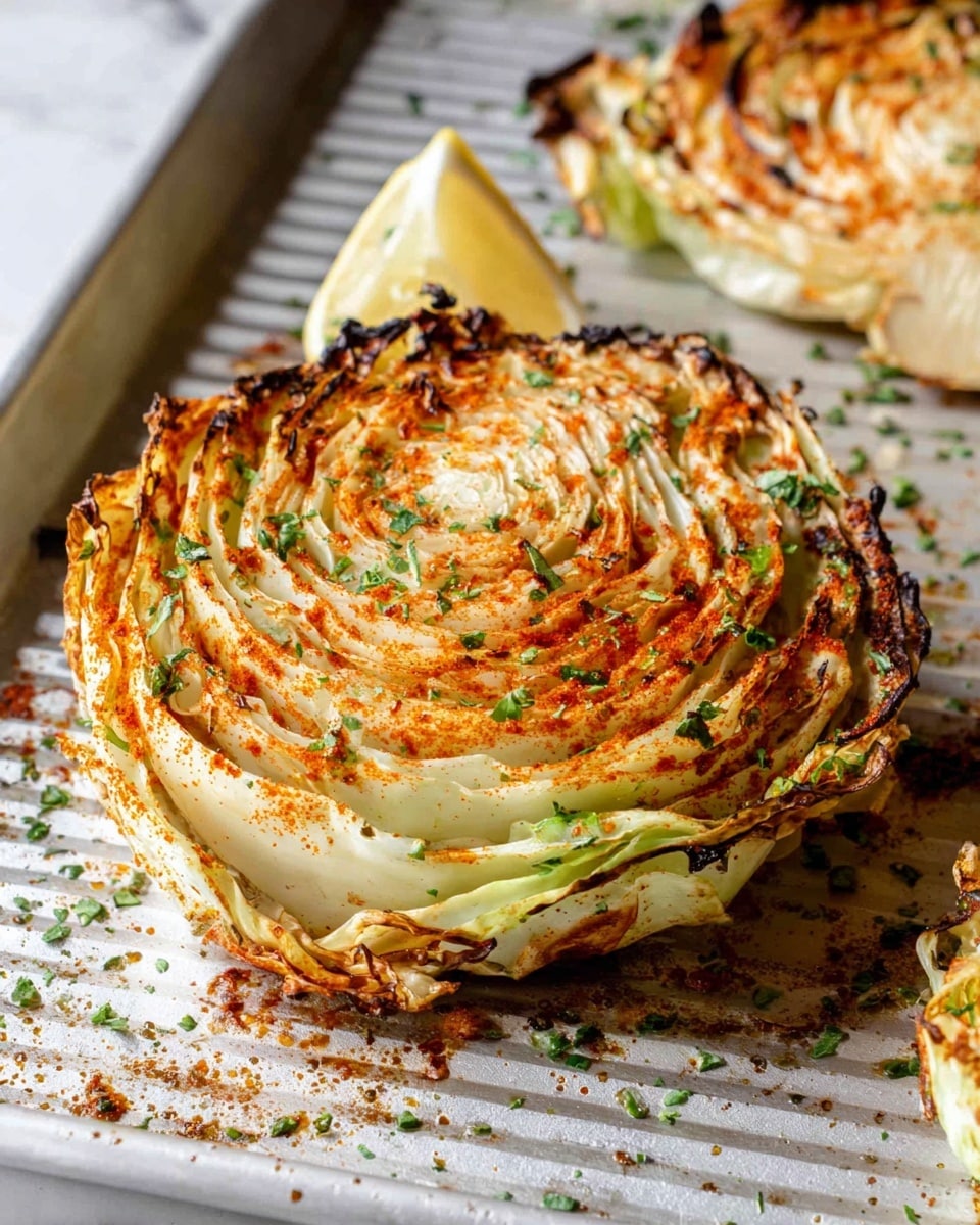 Three round cabbage steaks rest on a parchment-lined baking tray, each about 5-6 layers thick with tightly packed leaves that show a gradient from pale yellow in the center to light green on the outer edges. The top layer is seasoned with a reddish-orange spice and small black pepper flakes, giving it a slightly crispy, browned texture. The outer leaves are curled and roasted darker brown, adding a rustic look. One steak is partially lifted by a black spatula, creating depth. The baking tray shows signs of light roasting with brown spots and a worn texture under soft, natural light. The surface beneath the tray is a white marbled texture photo taken with an iphone --ar 4:5 --v 7