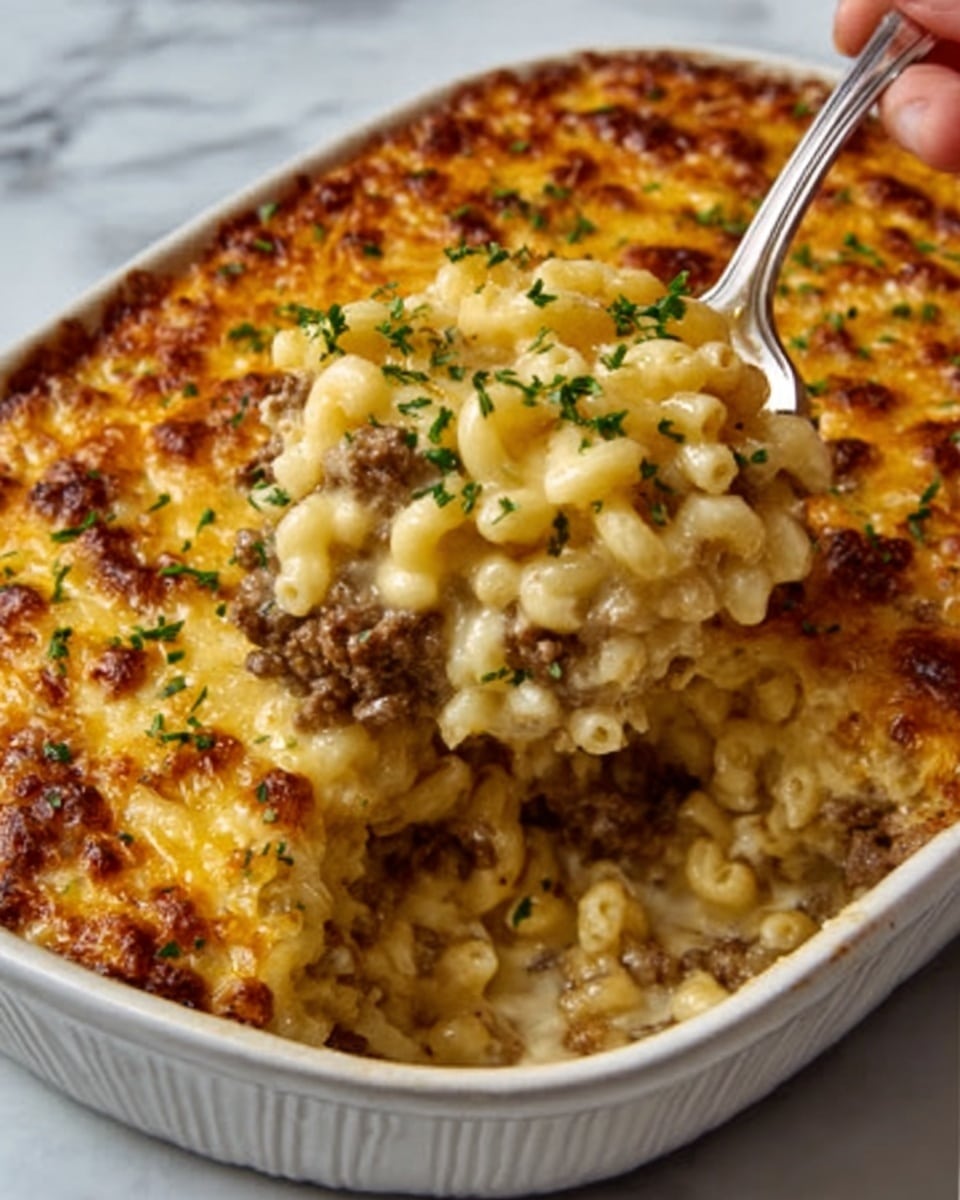 The image shows a baked casserole in a clear glass rectangular dish with a golden brown melted cheese layer on top. The casserole appears thick and creamy, with a slightly browned crust that looks crispy and bubbly at the edges. A green spoon rests inside the dish on the right side, partially sunk into the casserole. Behind the dish, on a white marbled surface, there is a white bowl filled with shredded cheese, a can of Campbell’s mushroom soup, and a large clear container filled with white rice. The background and setup are bright and clean, emphasizing the warm, cheesy casserole in the foreground. Photo taken with an iphone --ar 4:5 --v 7