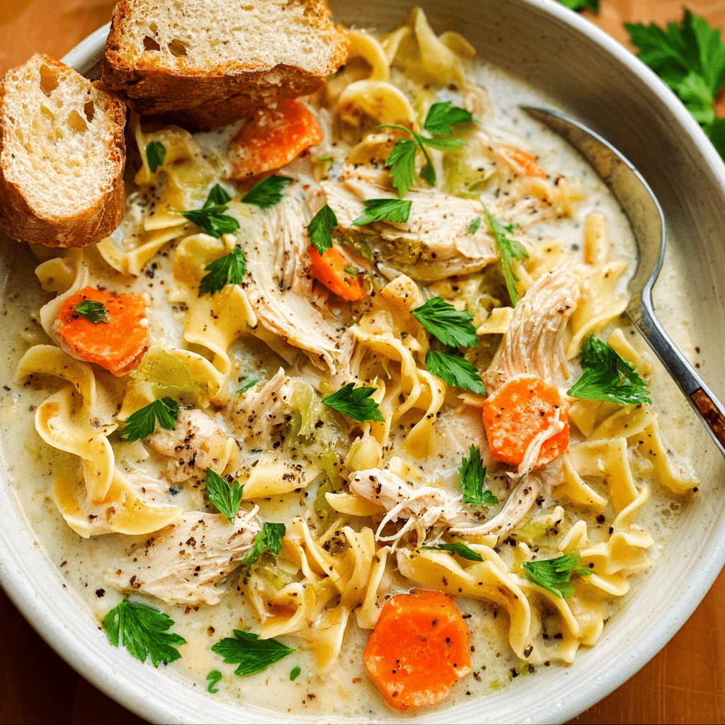 Creamy Chicken Noodle Soup with Pancetta Recipe - Recipe Image
