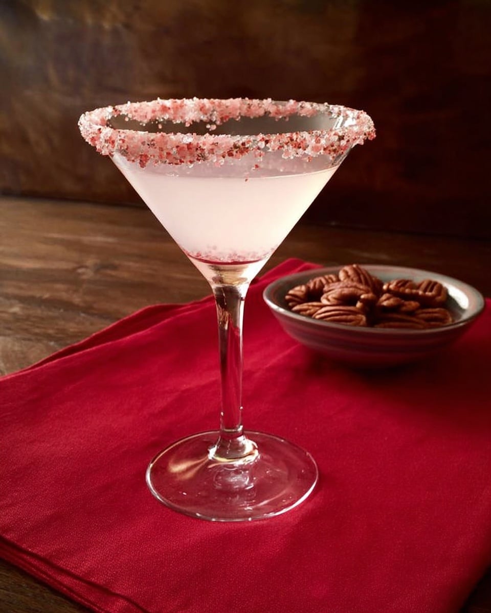 A clear cocktail glass with a thin stem is filled with a frosty, pale pink liquid. The rim of the glass is covered with a thick layer of crushed pink and white sugar, giving it a rough texture. The glass sits on a red cloth with a bowl of dark brown pecans placed slightly behind it. The background has a dark wooden surface. photo taken with an iphone --ar 4:5 --v 7