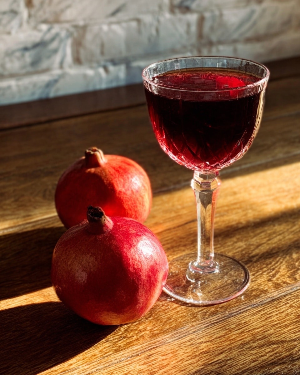 A clear glass with a thin stem holds a dark red drink, filled almost to the top. The glass is placed on a wooden table with two red pomegranates next to it. The background shows a white marbled texture surface. The lighting highlights the rich color of the drink and the shiny skin of the pomegranates, creating a simple and fresh look. photo taken with an iphone --ar 4:5 --v 7