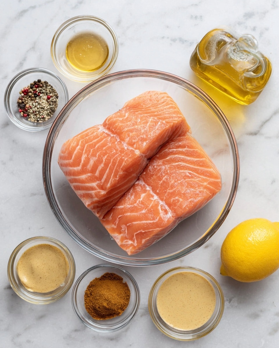 The image shows a clear glass bowl in the center holding three large, fresh salmon fillets with a smooth, pink-orange texture and white lines of fat. Around the bowl, on a white marbled surface, there are six small clear glass bowls and containers arranged neatly: to the left, one bowl with a mix of four different spices including black pepper and paprika, a bowl of light honey-colored liquid, and a bottle of olive oil with a yellow-green tint. To the right, a whole yellow lemon and three bowls with different types of mustard sauces, one smooth and light yellow, one grainy and dark brown, and one creamy and beige, are arranged evenly. The overall setup is clean, bright, and organized, with everything placed evenly on the white marbled background photo taken with an iphone --ar 4:5 --v 7