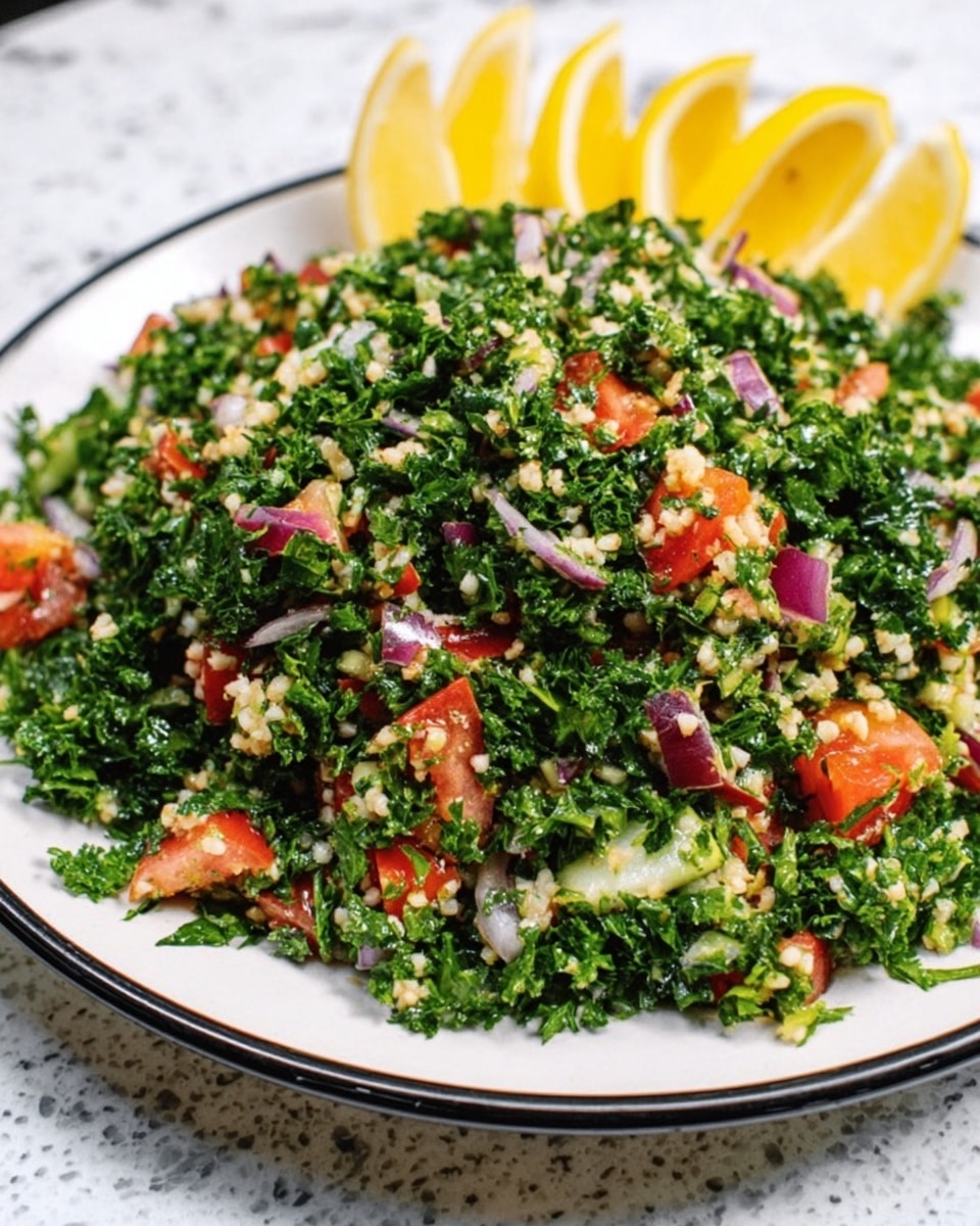 The dish is a fresh, colorful salad arranged on a white plate with a black rim. The salad has a base layer of finely chopped green parsley with small, textured pieces. Mixed throughout are small bits of red tomatoes, tiny white grains of bulgur, and very small pieces of purple onion. Thin lemon slices are placed decoratively on the top edge of the plate. The background surface is a white marbled texture. photo taken with an iphone --ar 4:5 --v 7