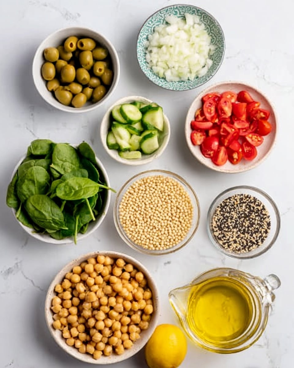 The image shows an overhead view of ten small white bowls arranged on a white marbled surface. The largest bowl at the bottom right contains golden brown cooked chickpeas. To its bottom left is a bowl with fresh bright green spinach leaves. Above the spinach is a small bowl filled with white finely chopped onion. At the top left, there is a bowl with green olives. Next to that, a bowl holds small pieces of green cucumber. Adjacent is a bowl with red chopped tomatoes. In the center is a bowl filled with small, round, pale beige couscous grains. To the right of the couscous is a heap of mixed black and white sesame seeds in a small bowl. Below the sesame seeds is a clear glass jug filled with golden yellow olive oil. A whole bright yellow lemon lies between the middle bowls and the lower bowls. The whole arrangement appears bright and fresh with clear colors and textures. Photo taken with an iphone --ar 4:5 --v 7