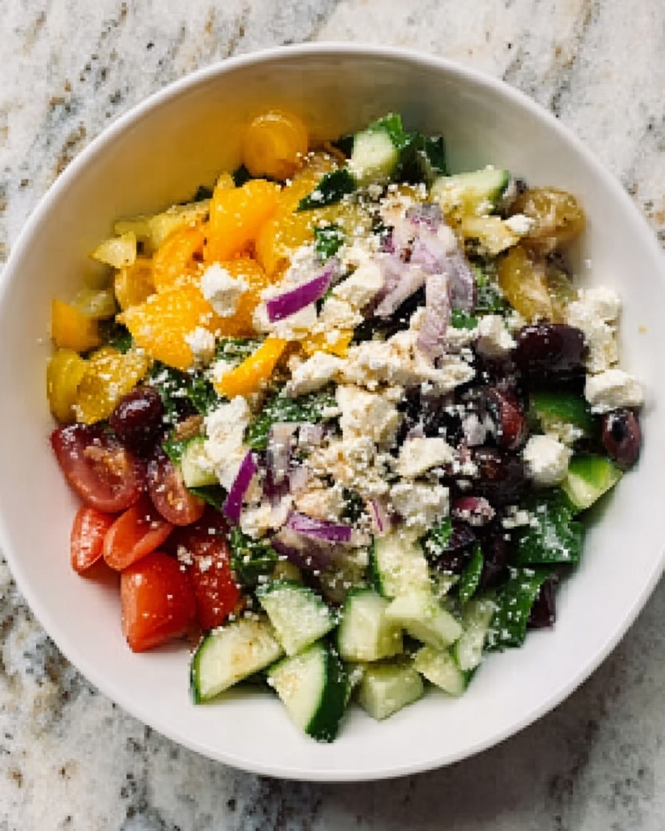 A white bowl filled with a layered salad on a white marbled surface. The bottom layer has chopped cucumber and green leafy vegetables. On top of that, there are pieces of yellow and red cherry tomatoes, black olives, and small chunks of white cheese. Some pieces of purple onion are scattered among the salad. The salad looks fresh and colorful with different textures from the soft cheese and crunchy vegetables. Photo taken with an iphone --ar 4:5 --v 7